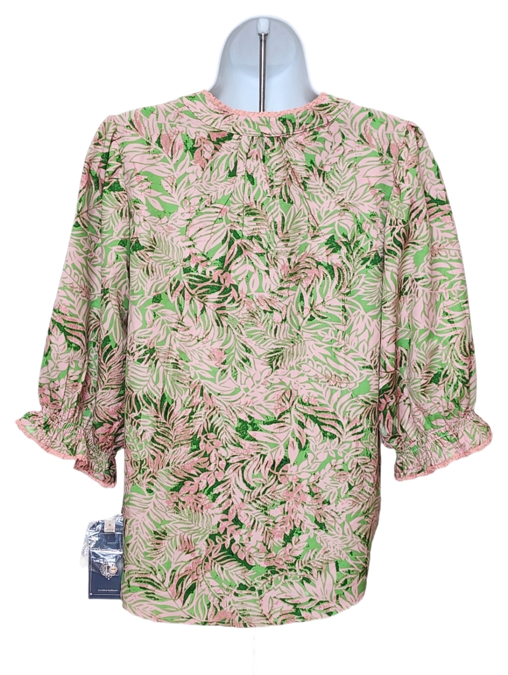 Democracy Leaf Print Lantern Sleeves Stand Collar Pintuck Front Woven Top Size S - Picture 8 of 10